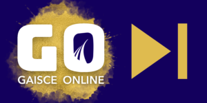 Gaisce Online: "GO" is in large font as the acronym for the new Gaisce Online system. "Gaisce Online" is in smaller font underneath. A play symbol is to the right to signify forward motion.